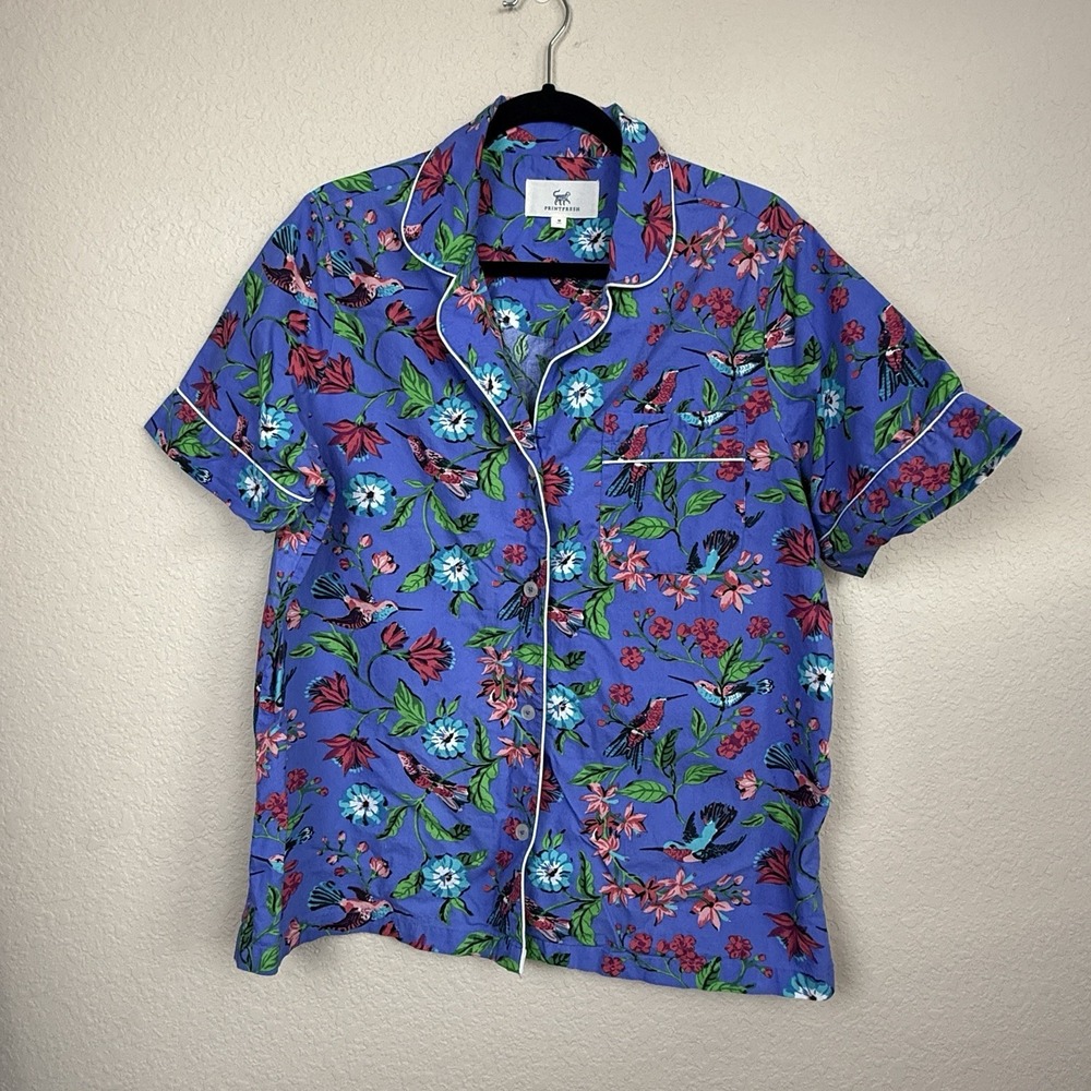 Print Fresh Anthropologie Hummingbird Pajama Top Only Blue Short Sleeve Sz M
